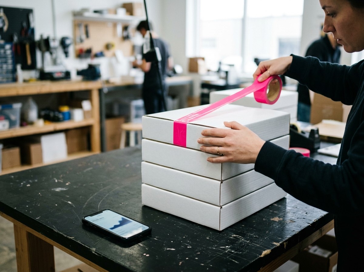 Préparation de colis d'expédition dans un atelier de marque